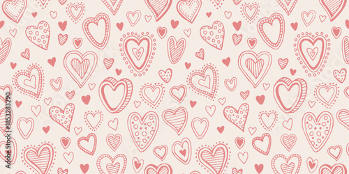 Seamless heart pattern with cute love shapes on pink background. Perfect romantic Valentine's Day wallpaper, gift wrapper, or greeting card with repeating hearts