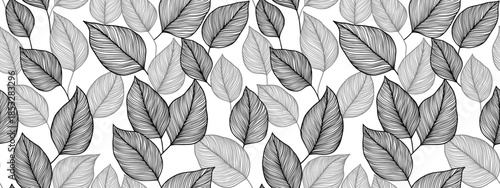 Seamless leaf pattern with elegant line art foliage creating modern botanical background perfect for wallpaper, fabric design, or decorative prints with natural floral motifs