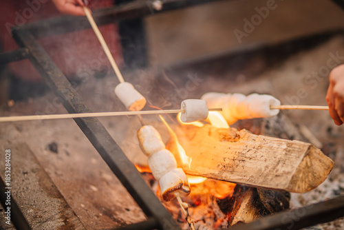 Group of hands roasting marshmallows over an open fire, with glowing flames and smoke creating a warm atmosphere, perfect for outdoor gatherings and camping experiences