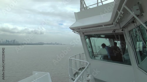 Large Cargo Ship Approaching Port, Blurred Harbor Pilot Inside Bridge, Buenos Aires, Argentina 