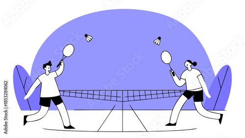 Badminton Match Illustration with Two Players Competing on Court
