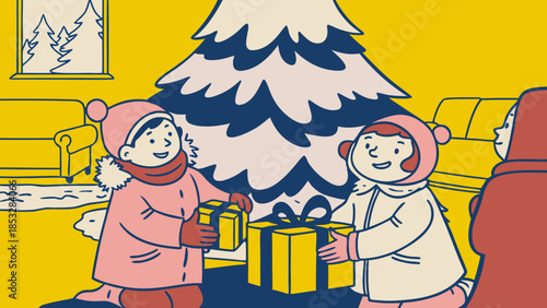 Children Celebrating Christmas with Gifts Holiday Illustration