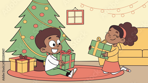 Kids Exchanging Gifts Near Christmas Tree Illustration