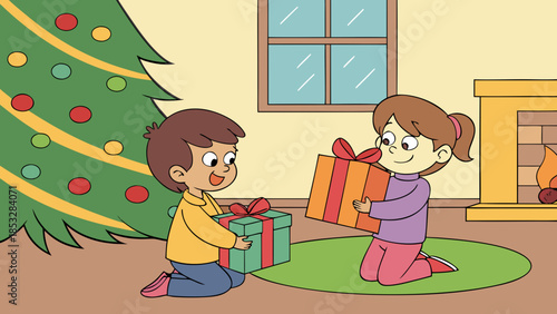 Kids Exchanging Gifts Near Christmas Tree Illustration