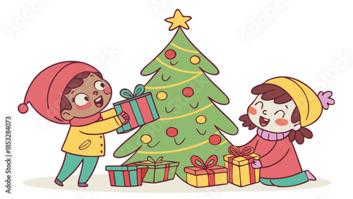 Children Decorating Christmas Tree Together Holiday Illustration