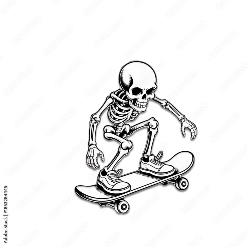 Obraz premium skeleton riding skateboard in dynamic pose isolated on white background street sports skateboarding halloween character mascot