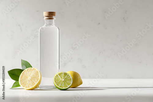 basic arrangement of water bottle and fresh citrus fruits, promoting dry january, with a neat layout