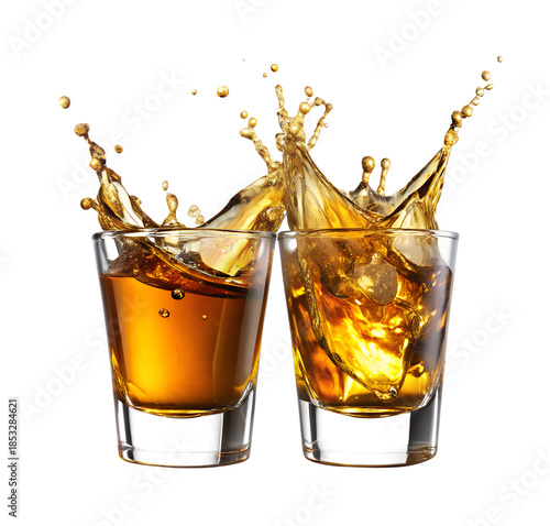 Two whiskey glasses with splashing liquor isolated on transparent background