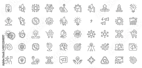 Marketing icons set. editable line icons with flat, outline, advertising symbols