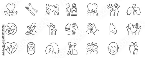 Family and relationships icons set. editable line icons, outline, connection symbols