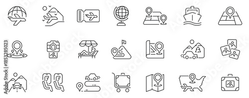Travel and tourism icons set . editable line icons, outline, vacation, map symbols
