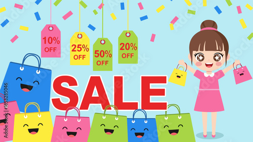 Happy Shopper Enjoying A Big Sale With Lots Of Shopping Bags And Discount Tags