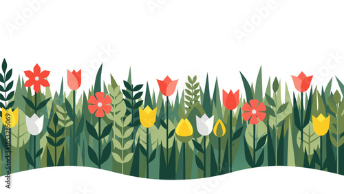 Delicate Border of Colorful Spring Flowers and Greenery, Symbolizing Growth and Renewal