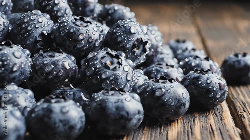 A vibrant and refreshing closeup shot of freshly washed blueberries glistening with tiny water droplets meticulously arranged on a rustic dark wooden table highlighting their natural beauty and healt.