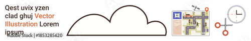 Navigation, time tracking, project planning, cloud-based systems, scheduling, workflows. A cloud shape surrounded by a clock, map and tools. Navigation and time tracking concepts