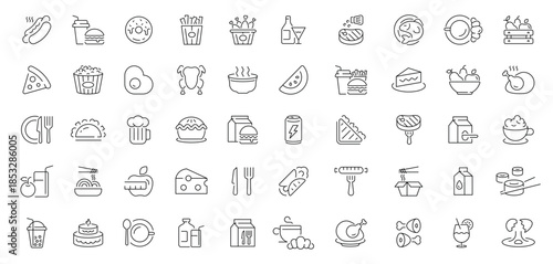 Food icons set. editable line icons, outline, culinary, drink and meal symbols