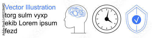 Mental health, time management, decision-making, productivity, protection, authentication. ion of a brain with scribbles, a clock and a shield with a checkmark. Mental health and time management