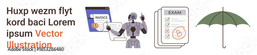 Artificial intelligence, automation, billing systems, testing, protection, and solutions. Robot analyzing tasks, online invoice system exam checklist and umbrella. AI and automation concepts