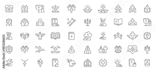 Christianity icons set. editable line icons, outline, spirituality and faith symbols