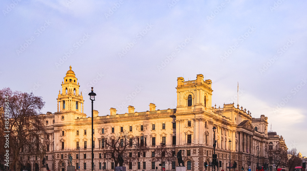 Obraz premium Government Offices Great George Street facade, a significant landmark in London's government district at sunset, historical architecture