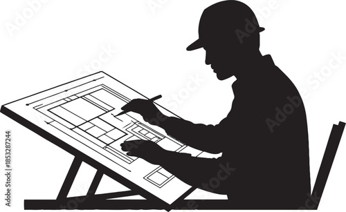 Silhouette of a Person at a Drafting Table Drawing Plans architect engineer