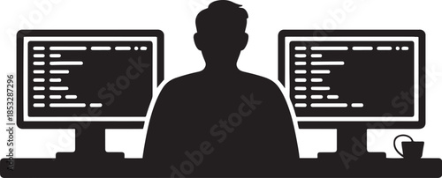 Silhouette of a person working on two computer screens with a coffee cup programmer