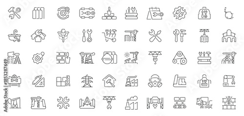 Industry icons set. editable line icons, linear, outline, machinery and tools