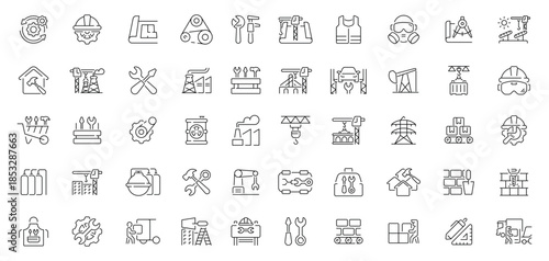 Factory and industry icons set. line, editable line icons, manufacturing and engineering