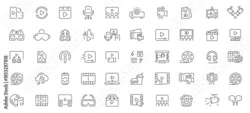 Cinema icons set. editable line icons, outline, movie and film symbols