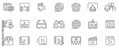 Film and media icons set. editable line icons, outline, cinema and video graphics