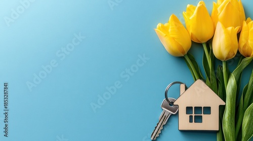 Spring home key with tulips; blue background; new home purchase