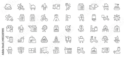 Food delivery icons set. editable line icons, outline, courier and restaurant symbols