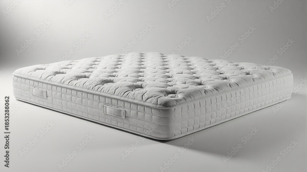 Obraz premium Comfortable white mattress with tufted pillow-top design. High-quality orthopedic bedding for healthy sleep and comfort. Isolated product shot on studio background