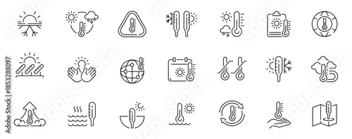 Thermo icons set. editable line icons, climate, temperature, and weather symbols