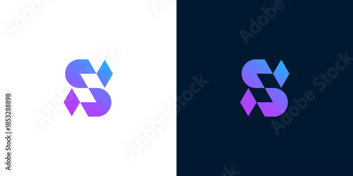Modern stylized letter 'S' logo design with gradient effect and geometric accents on white and dark backgrounds
