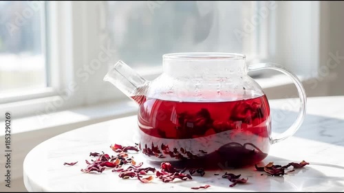 Steaming Red Tea in a Glass Teapot on a White Table Near a Window