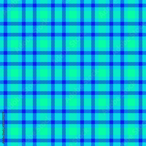 Bright, vivid plaid pattern in shades of blue and teal. Classic textile design. Ideal for backgrounds, fabric mockups, or graphic projects needing a retro touch.