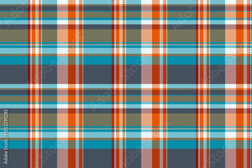 Repeating pattern texture plaid, striped check seamless background. Border tartan fabric vector textile in cyan and orange colors.