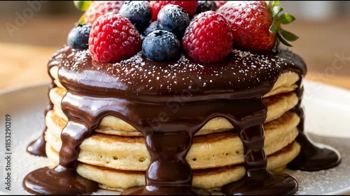 A stack of pancakes topped with chocolate sauce and mixed berries on a plate