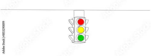 Hand-drawn traffic light illustration with continuous line art style. Road safety signal icon in minimal black outline, perfect for street signs and transportation design projects.