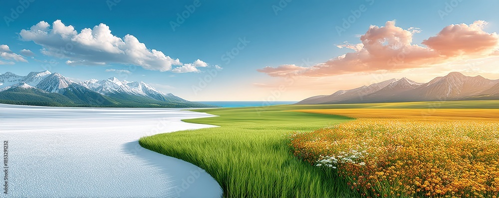 Naklejka premium Landscape showing transition from winter to spring with green fields, daisies, and mountains