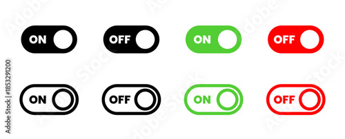 Toggle switch icons in solid and outline styles, On Off Button Set, User Interface Slider Controls, Green Red Black Switches, Mobile App Settings Vector, Vector illustration.
