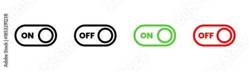Outline toggle switch icons in black green and red, Line Art On Off Buttons, User Interface Slider Controls, Stroke Style Settings Graphic, Mobile App Switch Vector, Vector illustration.