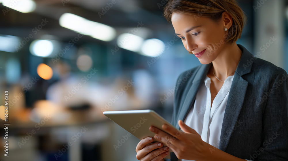 Fototapeta premium Faceless tablet hands businesswoman in office heavily defocused workplace background anonymous female financial manager with research for finance report digital technology