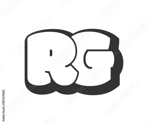 RG logo, bubble comic lettering, rounded in graffiti style black and white silhouette. Trendy preschool R and G letter text for festival party, personal initials, children funky print and web.