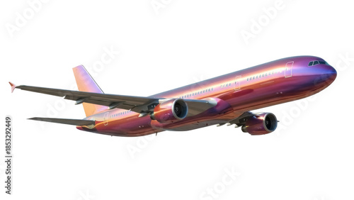 Modern iridescent passenger airplane PNG isolated on transparent background, commercial aviation for travel and transportation industry