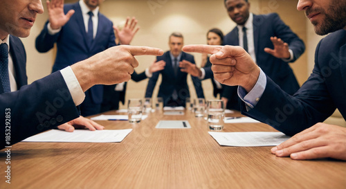 Businessmen pointing fingers during heated office meeting