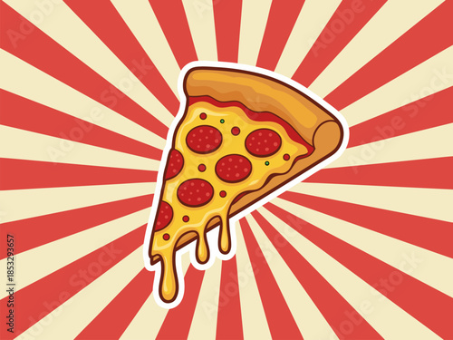 A mouth-watering slice of pepperoni pizza with dripping cheese against a vibrant red and yellow sunburst background, perfect for food-related designs