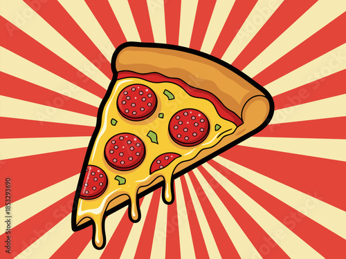 A Delicious Slice of Pepperoni Pizza Dripping with Cheese Against a Vibrant Radial Background, Perfect for Food Advertising and Menus