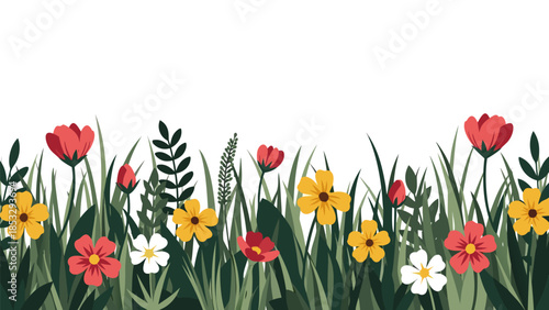 A vibrant and lively garden illustration featuring a diverse collection of blooming flowers and lush green grass, perfect for spring and summer themes